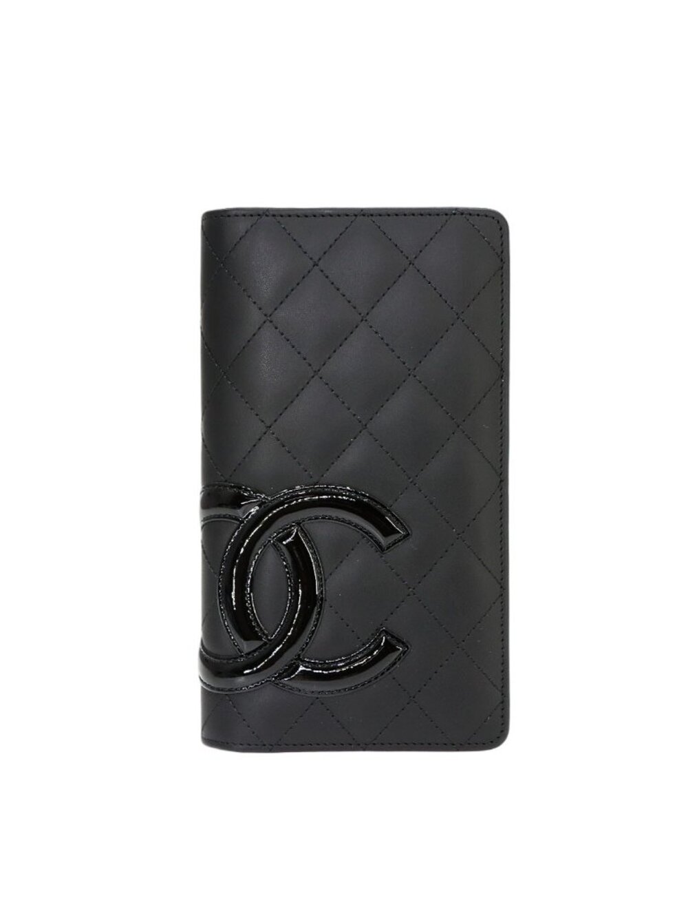 Chanel Cambon Line Bifold Wallet Leather Patent Black Silver